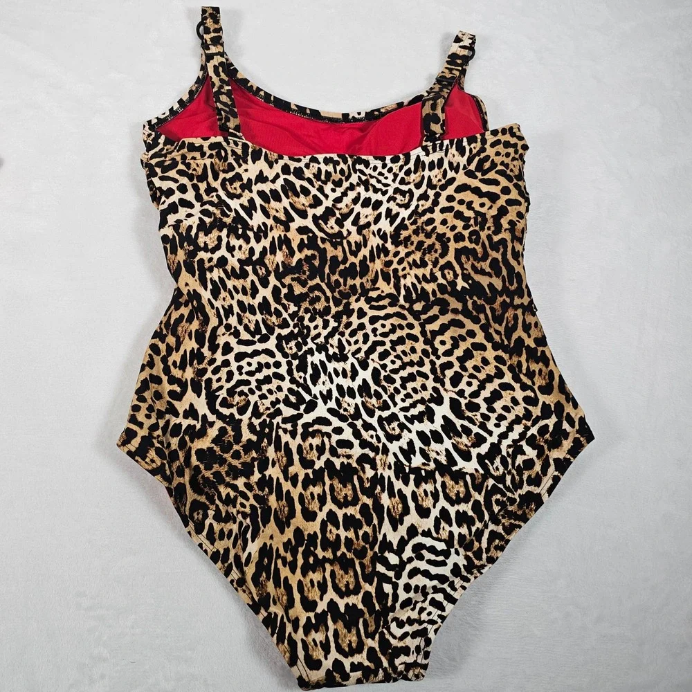 DKNY Leopard Print One Piece Swimsuit Womens Tiered Ruffle Brown XL - Picture 4 of 5